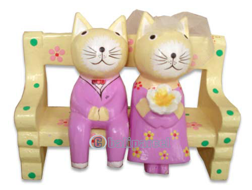 Wooden Cat With Painted, Hand Carved From Albesia Wood