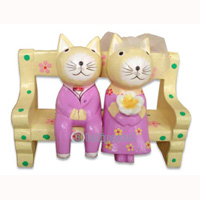 Wooden Cat With Painted, Hand Carved From Albesia Wood