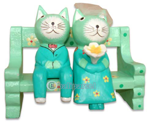 Wooden Cat With Painted, Hand Carved From Albesia Wood