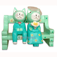 Wooden Cat With Painted, Hand Carved From Albesia Wood