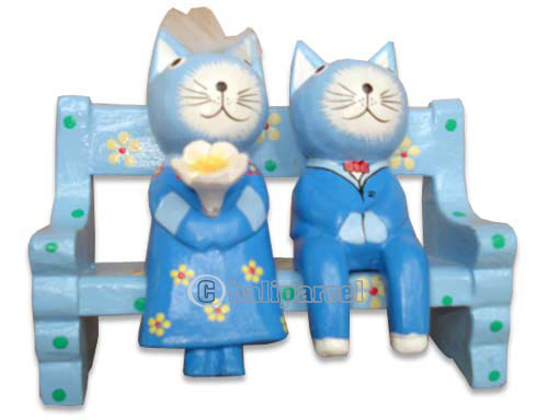 Wooden Cat With Painted, Hand Carved From Albesia Wood