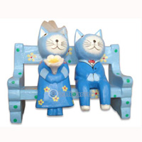 Wooden Cat With Painted, Hand Carved From Albesia Wood
