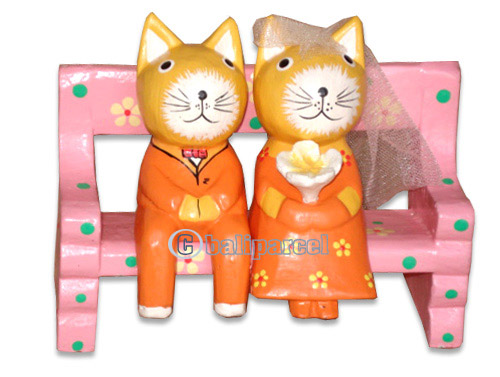 Wooden Cat With Painted, Hand Carved From Albesia Wood
