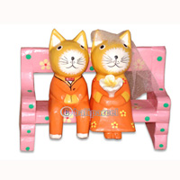 Wooden Cat With Painted, Hand Carved From Albesia Wood