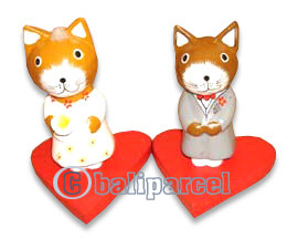 Wooden Cat Set Of 2 With Painted, Hand Carved From Albesia Wood