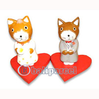 Wooden Cat Set Of 2 With Painted, Hand Carved From Albesia Wood