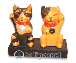 Wooden Cat With Painted, Hand Carved From Albesia Wood