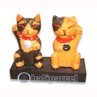 Wooden Cat With Painted, Hand Carved From Albesia Wood