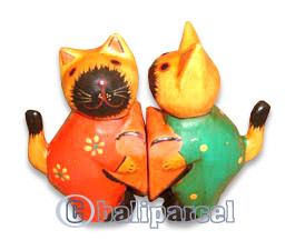 Wooden Cat With Painted, Hand Carved From Albesia Wood
