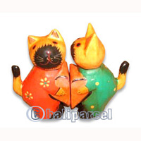 Wooden Cat With Painted, Hand Carved From Albesia Wood