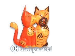 Wooden Cat With Painted, Hand Carved From Albesia Wood