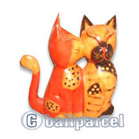 Wooden Cat With Painted, Hand Carved From Albesia Wood