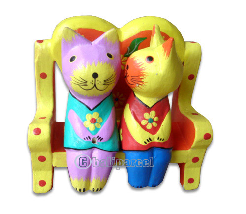 Wooden Cat With Painted, Hand Carved From Albesia Wood