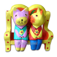 Wooden Cat With Painted, Hand Carved From Albesia Wood