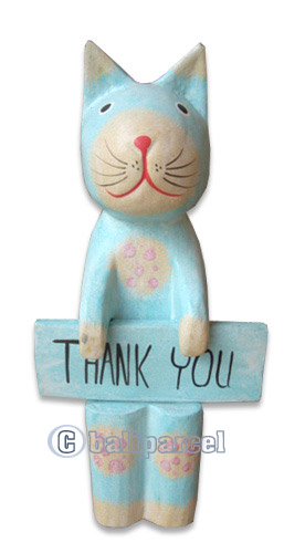 Wooden Cat With Painted, Hand Carved From Albesia Wood