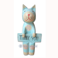 Wooden Cat With Painted, Hand Carved From Albesia Wood