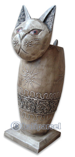 Wooden Cat With Painted, Hand Carved From Albesia Wood