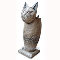 Wooden Cat With Painted, Hand Carved From Albesia Wood