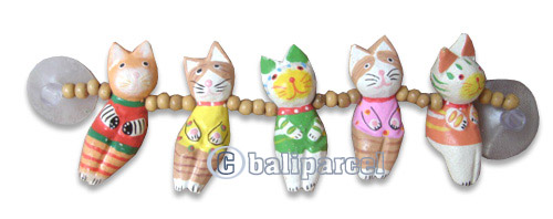Wooden Cat With Painted, Hand Carved From Albesia Wood