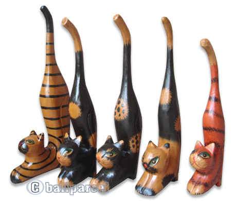 Wooden Cat With Painted, Hand Carved From Albesia Wood