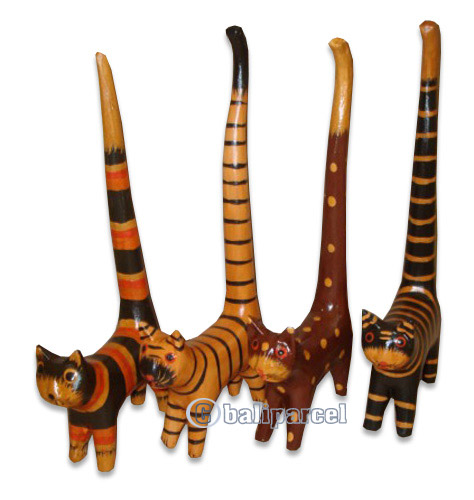 Wooden Cat With Painted, Hand Carved From Albesia Wood