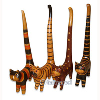 Wooden Cat With Painted, Hand Carved From Albesia Wood