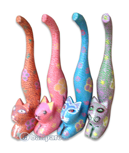 Wooden Cat With Painted, Hand Carved From Albesia Wood