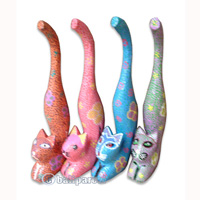 Wooden Cat With Painted, Hand Carved From Albesia Wood