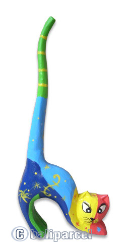 Wooden Cat With Painted, Hand Carved From Albesia Wood
