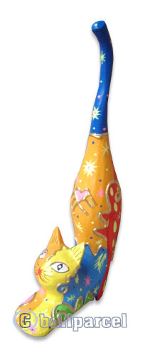 Wooden Cat With Painted, Hand Carved From Albesia Wood