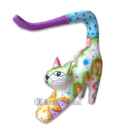 Wooden Cat With Painted, Hand Carved From Albesia Wood