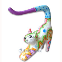 Wooden Cat With Painted, Hand Carved From Albesia Wood