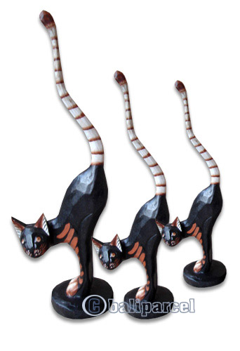 Wooden Cat Set Of 3 With Painted, Hand Carved From Albesia Wood