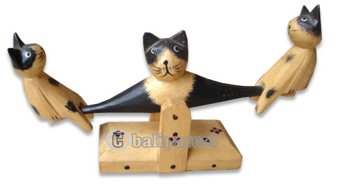 Wooden Cat With Painted, Hand Carved From Albesia Wood