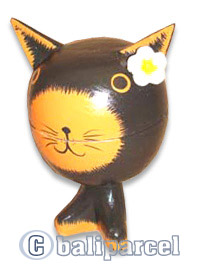 Wooden Cat With Painted, Hand Carved From Albesia Wood