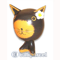 Wooden Cat With Painted, Hand Carved From Albesia Wood