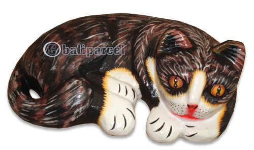 Wooden Cat With Painted, Hand Carved From Albesia Wood