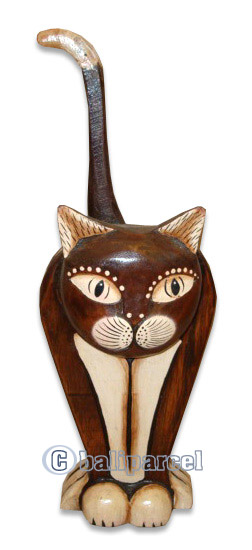 Wooden Cat With Painted, Hand Carved From Albesia Wood