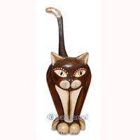 Wooden Cat With Painted, Hand Carved From Albesia Wood
