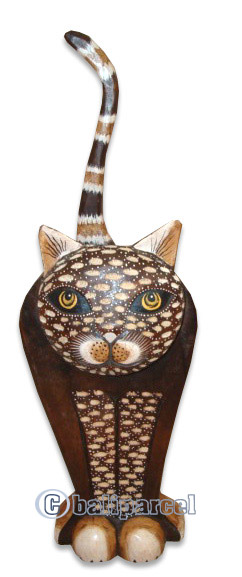 Wooden Cat With Painted, Hand Carved From Albesia Wood