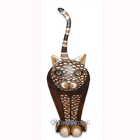 Wooden Cat With Painted, Hand Carved From Albesia Wood
