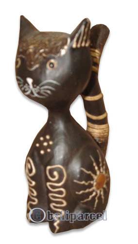 Wooden Cat With Painted, Hand Carved From Albesia Wood