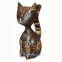 Wooden Cat With Painted, Hand Carved From Albesia Wood