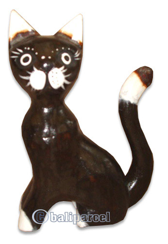 Wooden Cat With Painted, Hand Carved From Albesia Wood