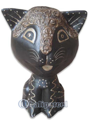 Wooden Cat With Painted, Hand Carved From Albesia Wood