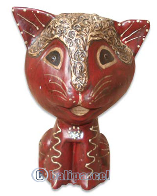 Wooden Cat With Painted, Hand Carved From Albesia Wood