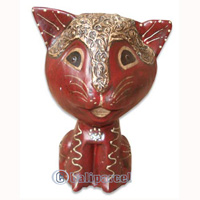 Wooden Cat With Painted, Hand Carved From Albesia Wood