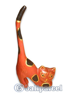 Wooden Cat With Painted, Hand Carved From Albesia Wood