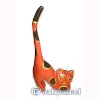 Wooden Cat With Painted, Hand Carved From Albesia Wood