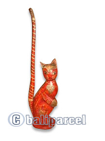 Wooden Cat With Painted, Hand Carved From Albesia Wood